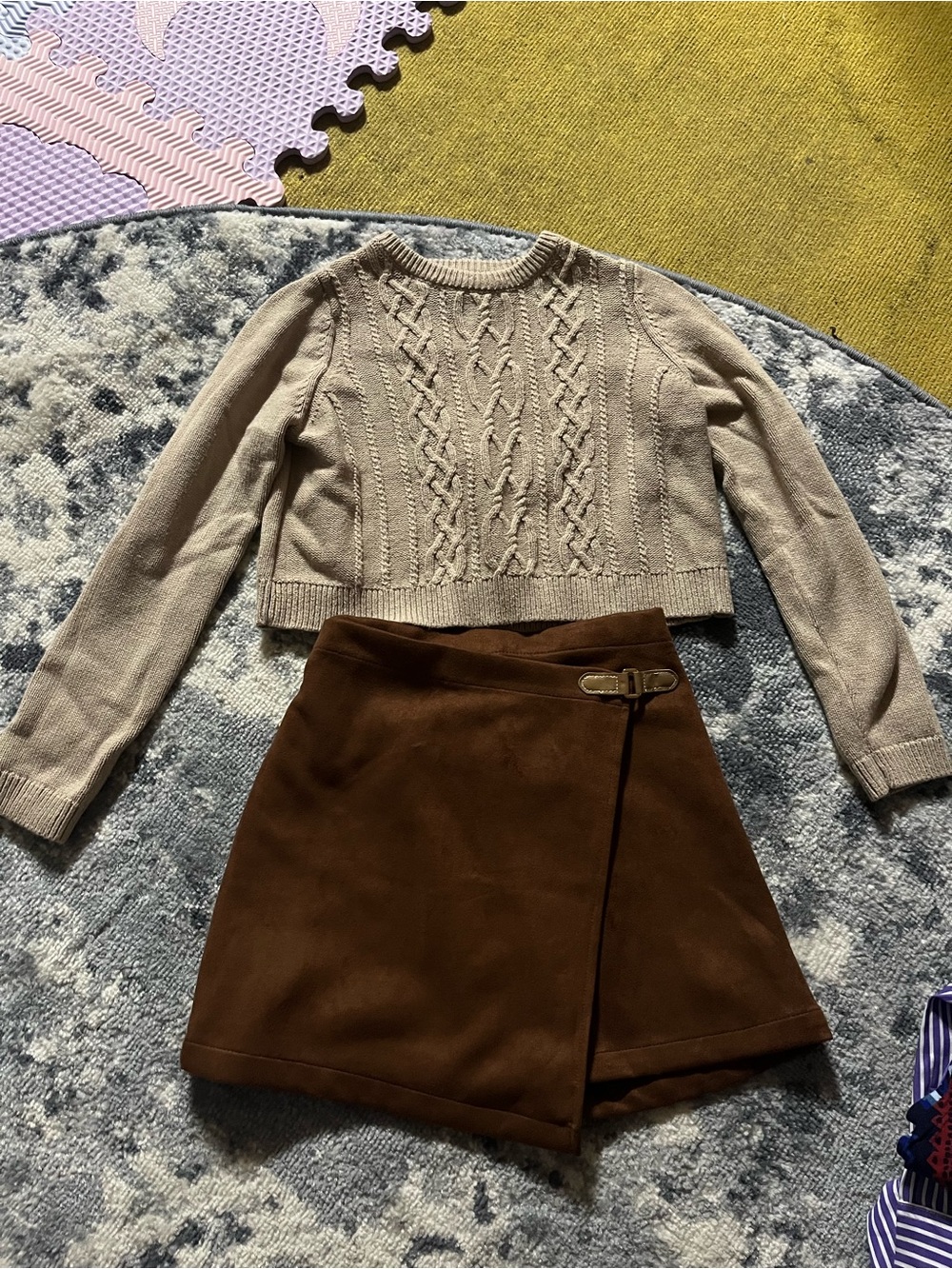 Neutral Cable-Knit Crop Sweater with Brown Wrap Skort